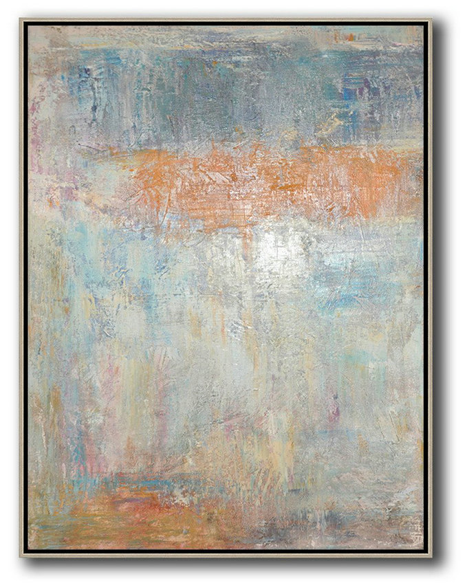 Hand Painted Aclylic Painting On Canvas,Vertical Palette Knife Contemporary Art,Living Room Canvas Art,Grey,Orange,Blue.etc